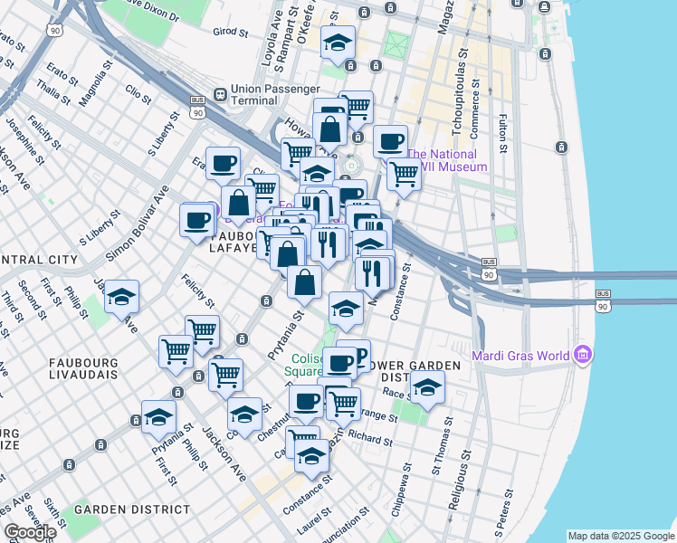 map of restaurants, bars, coffee shops, grocery stores, and more near 2874 Prytania Street in New Orleans