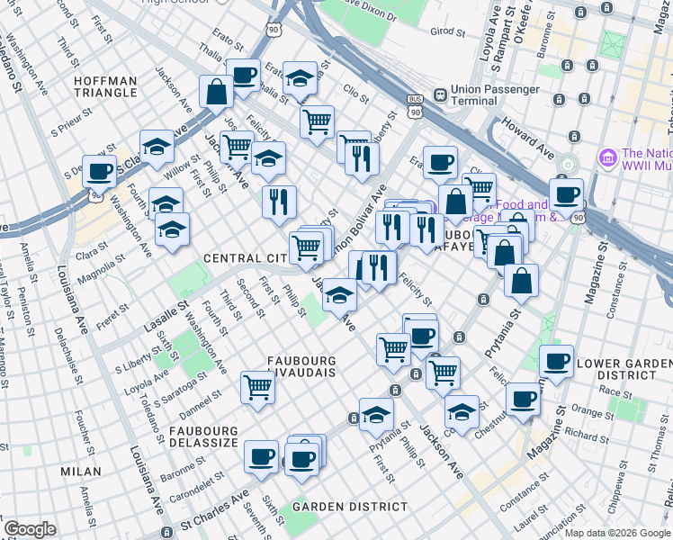 map of restaurants, bars, coffee shops, grocery stores, and more near 2035 Jackson Avenue in New Orleans
