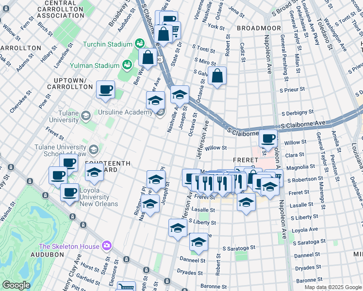 map of restaurants, bars, coffee shops, grocery stores, and more near 2509 Joseph Street in New Orleans