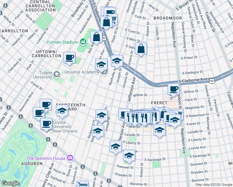 map of restaurants, bars, coffee shops, grocery stores, and more near 2509 Joseph Street in New Orleans