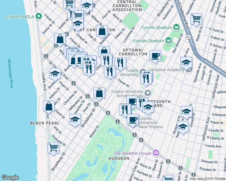 map of restaurants, bars, coffee shops, grocery stores, and more near 18 Newcomb Boulevard in New Orleans