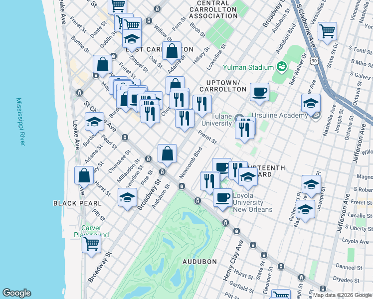 map of restaurants, bars, coffee shops, grocery stores, and more near 18 Newcomb Boulevard in New Orleans