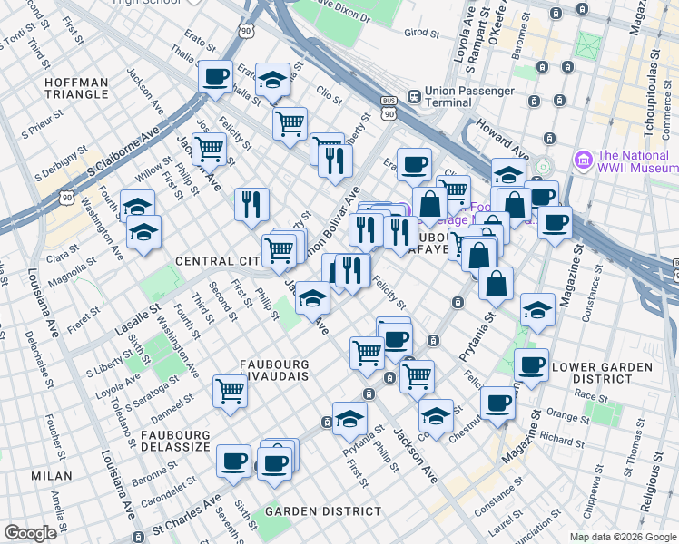 map of restaurants, bars, coffee shops, grocery stores, and more near 2001 Josephine Street in New Orleans