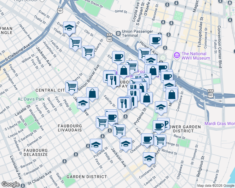 map of restaurants, bars, coffee shops, grocery stores, and more near 1630 Baronne Street in New Orleans