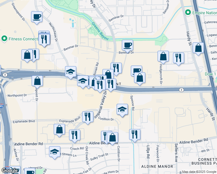 map of restaurants, bars, coffee shops, grocery stores, and more near 400 North Sam Houston Parkway East in Houston