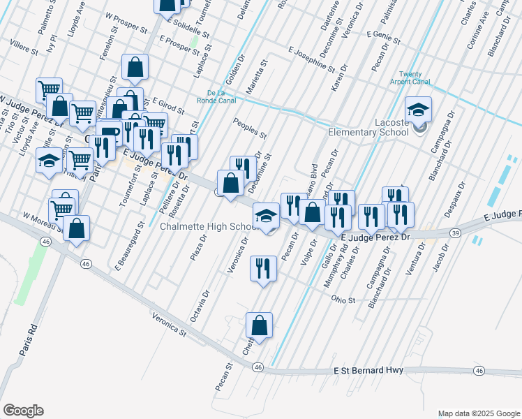 map of restaurants, bars, coffee shops, grocery stores, and more near 2428 Veronica Drive in Chalmette