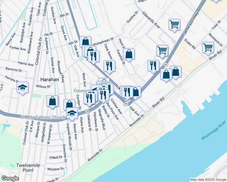 map of restaurants, bars, coffee shops, grocery stores, and more near 6469 Jefferson Highway in Harahan