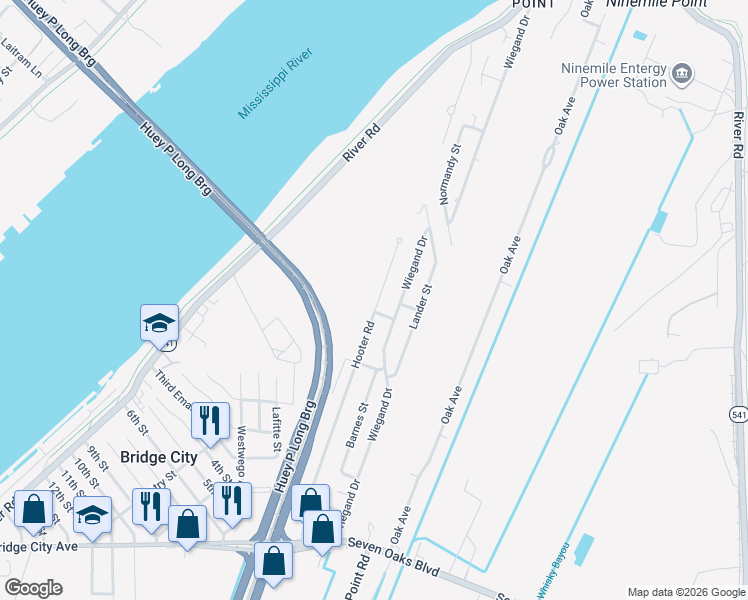 map of restaurants, bars, coffee shops, grocery stores, and more near 701 Hooter Road in Bridge City