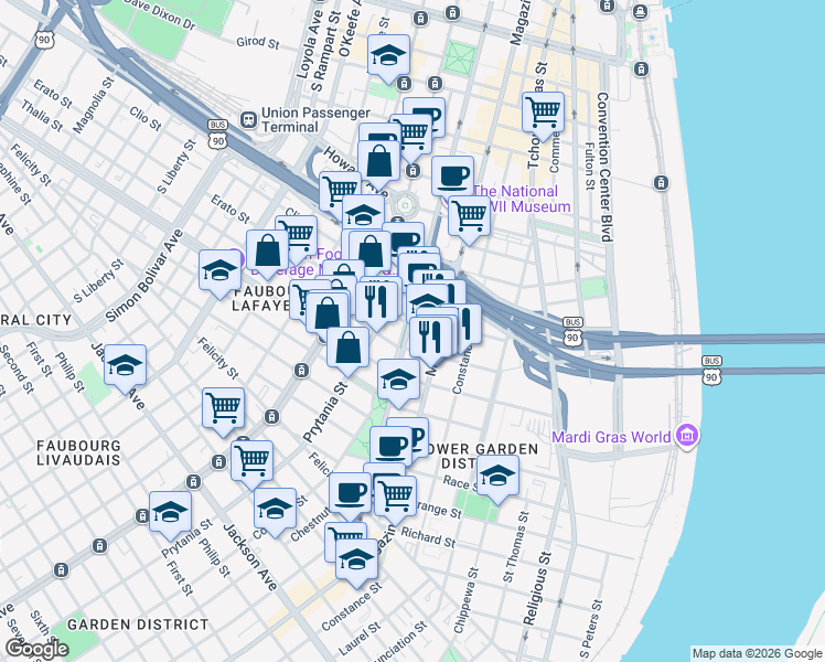 map of restaurants, bars, coffee shops, grocery stores, and more near 1127 Thalia Street in New Orleans