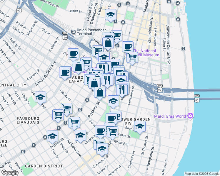 map of restaurants, bars, coffee shops, grocery stores, and more near 2874 Prytania Street in New Orleans