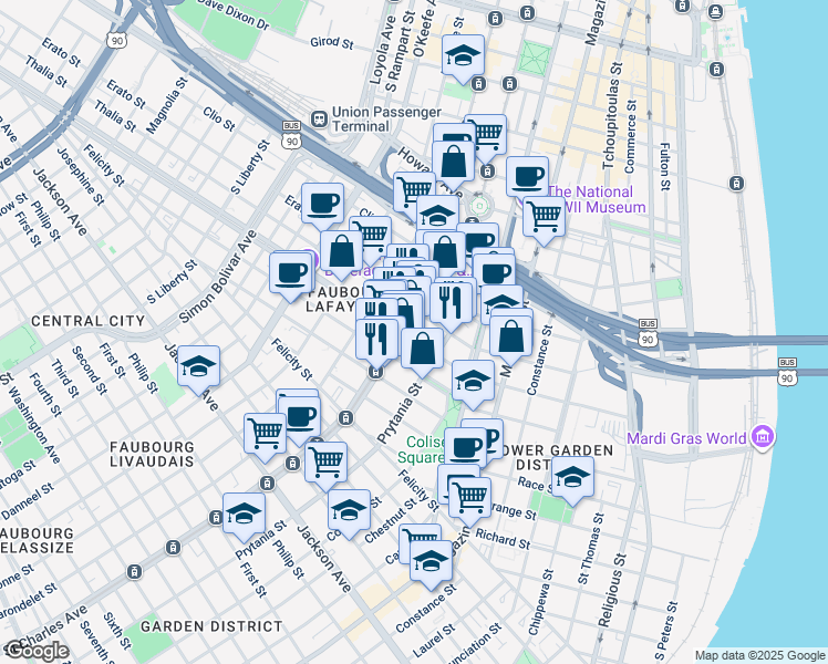 map of restaurants, bars, coffee shops, grocery stores, and more near in New Orleans