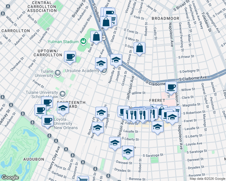 map of restaurants, bars, coffee shops, grocery stores, and more near 2509 Joseph Street in New Orleans