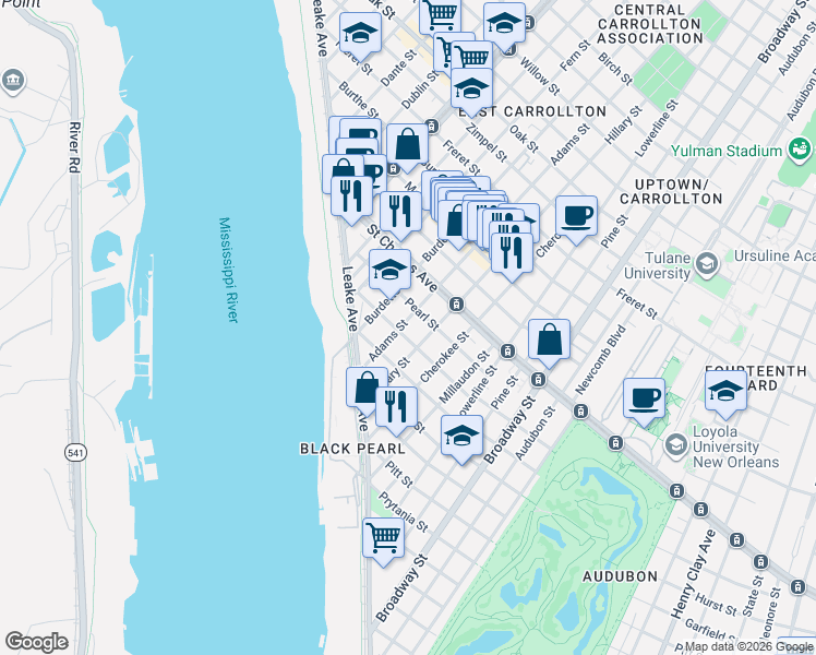 map of restaurants, bars, coffee shops, grocery stores, and more near 336 Hillary Street in New Orleans