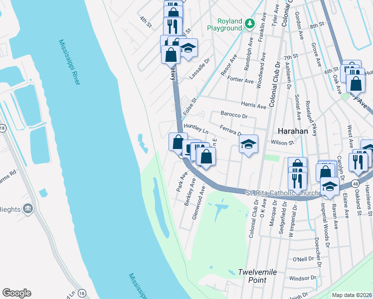 map of restaurants, bars, coffee shops, grocery stores, and more near 8400 Jefferson Highway in Harahan