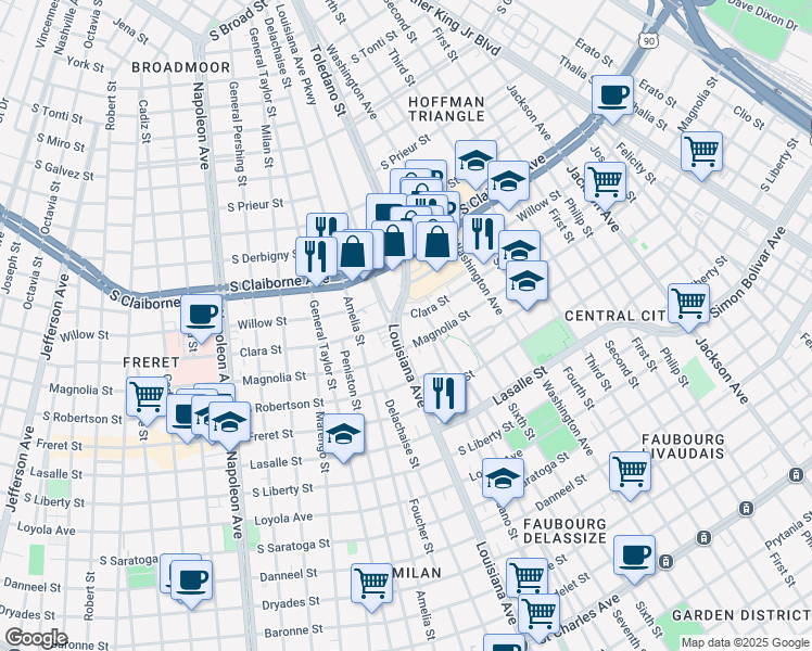 map of restaurants, bars, coffee shops, grocery stores, and more near 3328 Magnolia Street in New Orleans