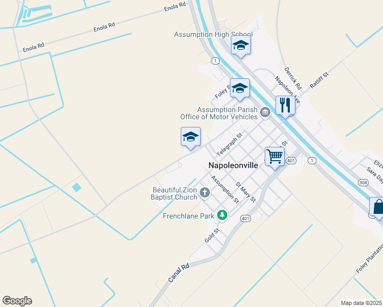 map of restaurants, bars, coffee shops, grocery stores, and more near 185 Louisiana 1008 in Napoleonville