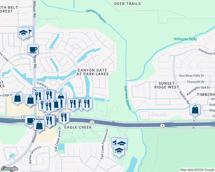 map of restaurants, bars, coffee shops, grocery stores, and more near 9930 Dragonfly Meadow Court in Humble