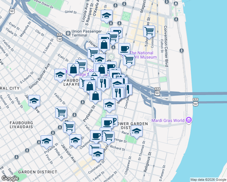 map of restaurants, bars, coffee shops, grocery stores, and more near 1127 Thalia Street in New Orleans