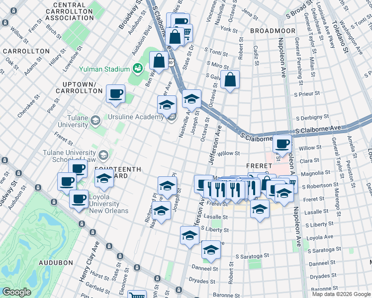 map of restaurants, bars, coffee shops, grocery stores, and more near 2509 Joseph Street in New Orleans