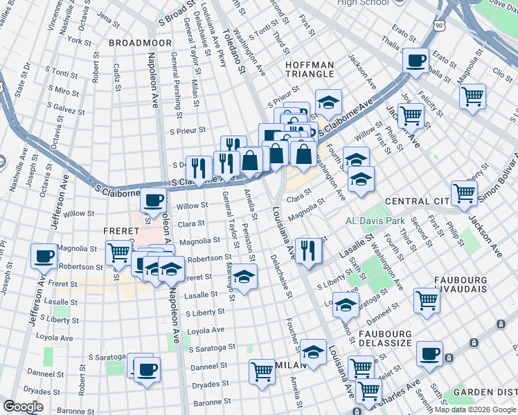 map of restaurants, bars, coffee shops, grocery stores, and more near 2727 Amelia Street in New Orleans