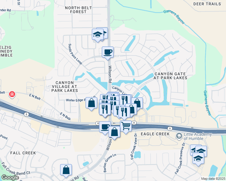 map of restaurants, bars, coffee shops, grocery stores, and more near 4787 Wilson Road in Humble