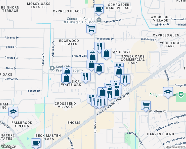 map of restaurants, bars, coffee shops, grocery stores, and more near 11925 Jones Road in Houston