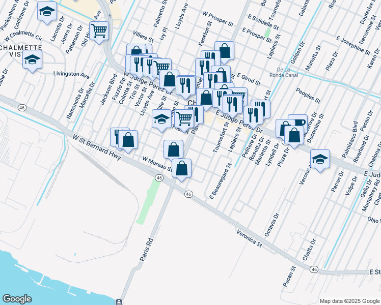 map of restaurants, bars, coffee shops, grocery stores, and more near 2125 Paris Road in Chalmette