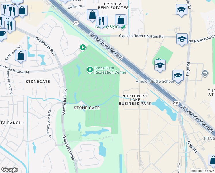 map of restaurants, bars, coffee shops, grocery stores, and more near 11425 Bogan Flats Drive in Houston