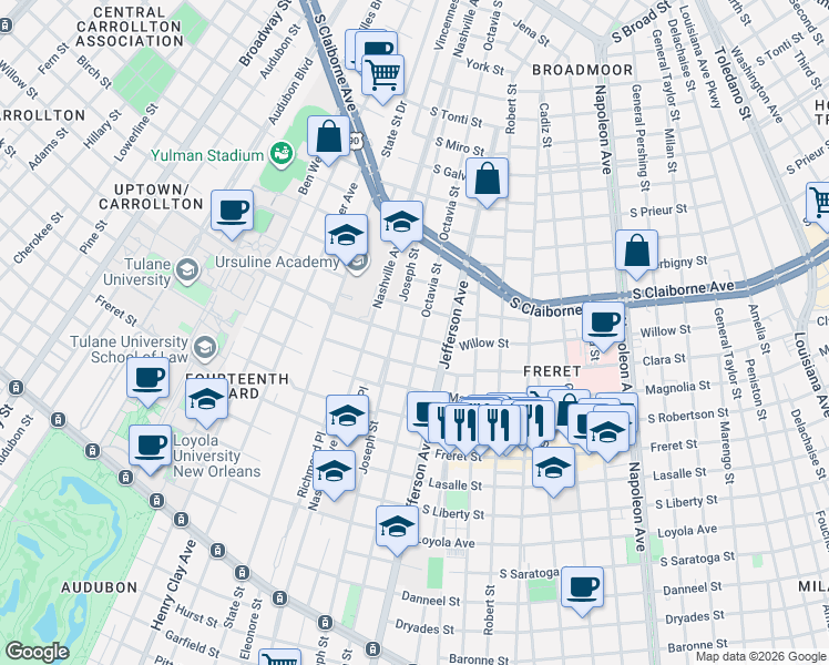 map of restaurants, bars, coffee shops, grocery stores, and more near 2621 Octavia Street in New Orleans