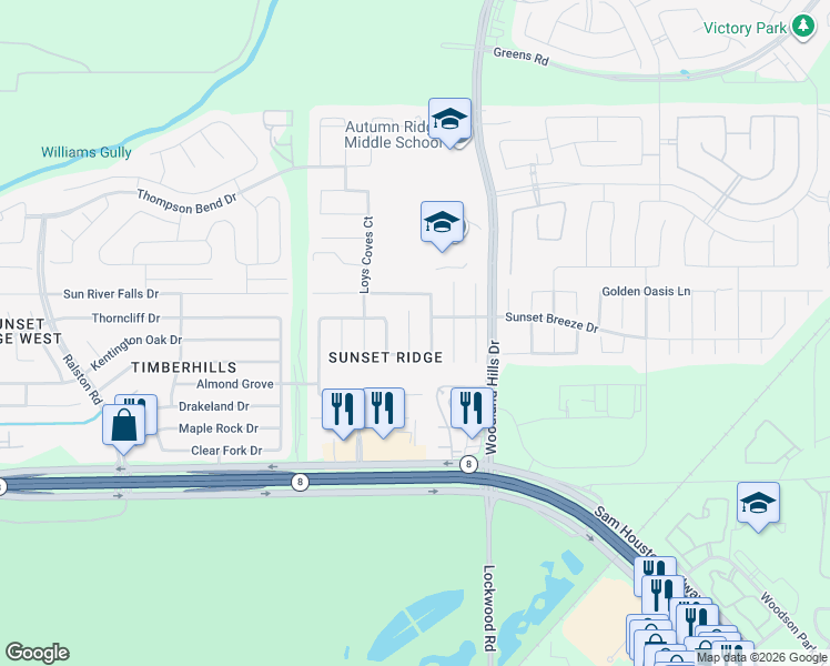 map of restaurants, bars, coffee shops, grocery stores, and more near 15010 Arizona Sky Court in Humble