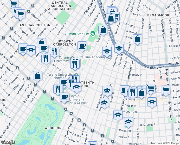 map of restaurants, bars, coffee shops, grocery stores, and more near 2224 Palmer Avenue in New Orleans