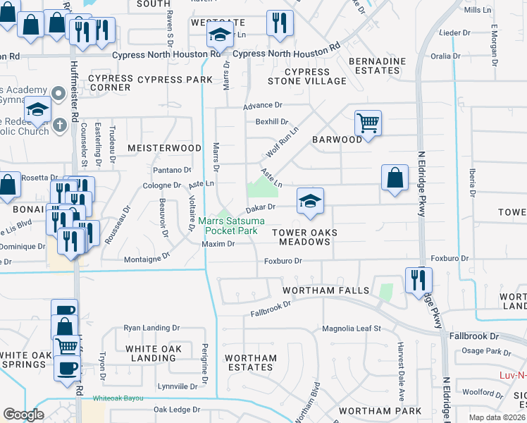 map of restaurants, bars, coffee shops, grocery stores, and more near 12931 Dakar Drive in Houston