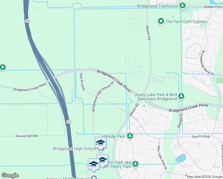 map of restaurants, bars, coffee shops, grocery stores, and more near Bridgeland Creek Parkway in Cypress