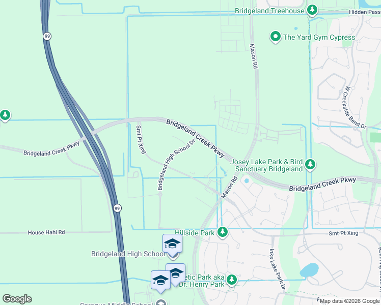 map of restaurants, bars, coffee shops, grocery stores, and more near Bridgeland Creek Parkway in Cypress