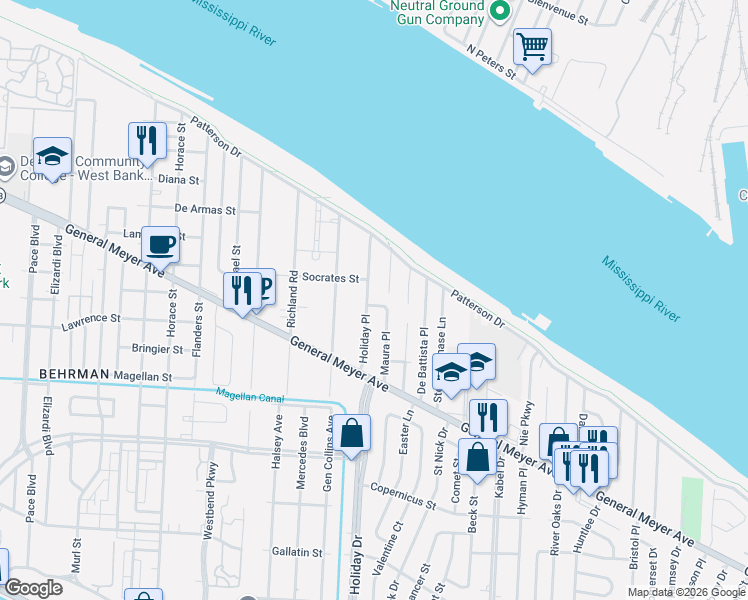 map of restaurants, bars, coffee shops, grocery stores, and more near 1511 Holiday Place in New Orleans