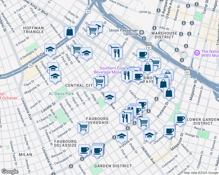 map of restaurants, bars, coffee shops, grocery stores, and more near 2035 Jackson Avenue in New Orleans