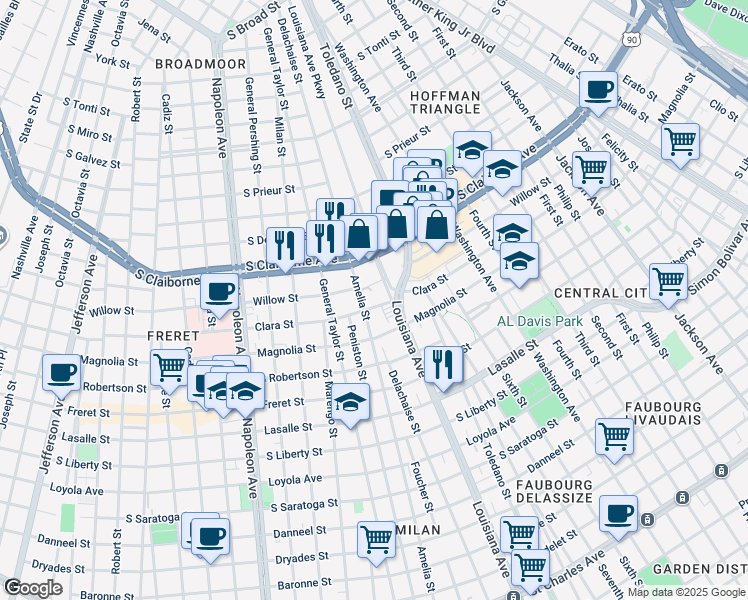 map of restaurants, bars, coffee shops, grocery stores, and more near 2727 Amelia Street in New Orleans