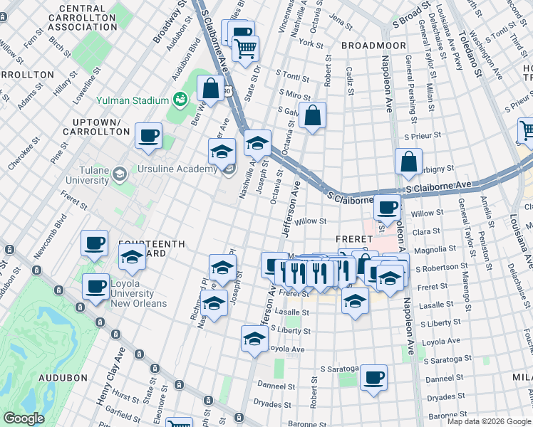 map of restaurants, bars, coffee shops, grocery stores, and more near 2621 Octavia Street in New Orleans