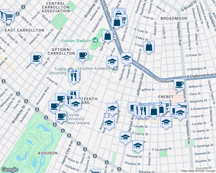map of restaurants, bars, coffee shops, grocery stores, and more near 2304 State Street in New Orleans
