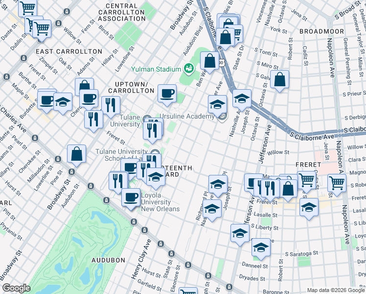 map of restaurants, bars, coffee shops, grocery stores, and more near 2224 Palmer Avenue in New Orleans
