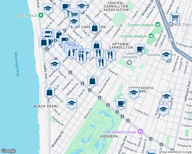 map of restaurants, bars, coffee shops, grocery stores, and more near 700 Broadway Street in New Orleans