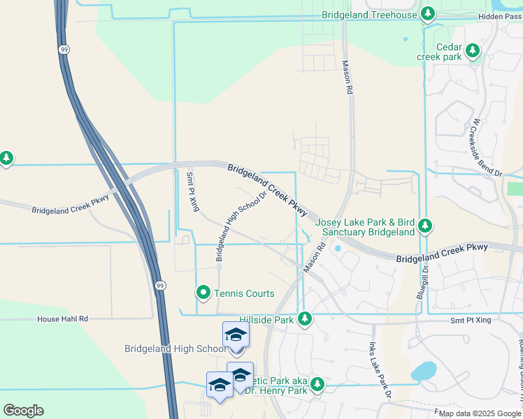map of restaurants, bars, coffee shops, grocery stores, and more near Bridgeland Creek Parkway in Cypress