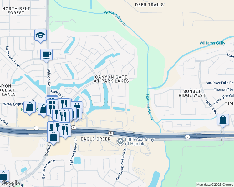 map of restaurants, bars, coffee shops, grocery stores, and more near 9930 Dragonfly Meadow Court in Humble