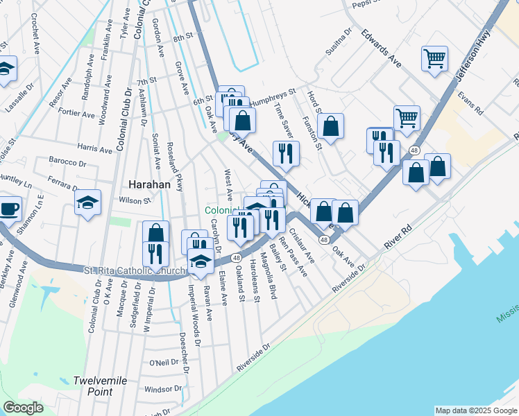 map of restaurants, bars, coffee shops, grocery stores, and more near in River Ridge