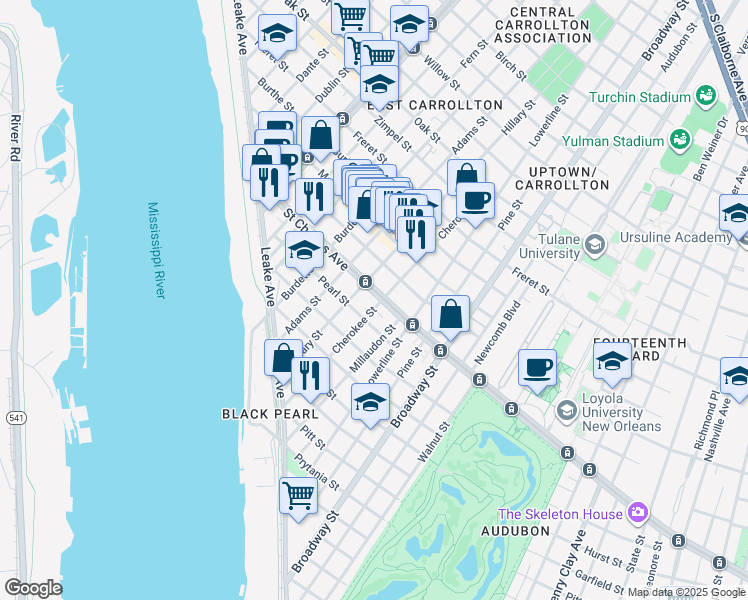 map of restaurants, bars, coffee shops, grocery stores, and more near 7530 Saint Charles Avenue in New Orleans