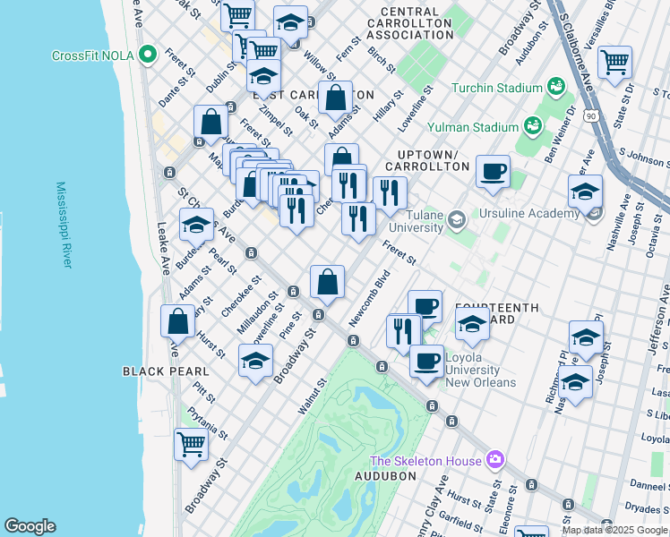 map of restaurants, bars, coffee shops, grocery stores, and more near 739 Pine Street in New Orleans