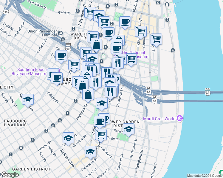 map of restaurants, bars, coffee shops, grocery stores, and more near 1160 Camp Street in New Orleans