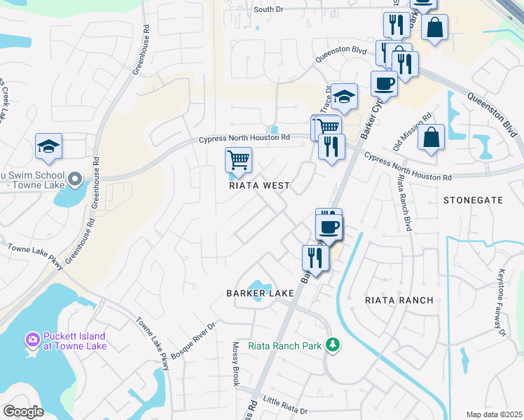 map of restaurants, bars, coffee shops, grocery stores, and more near 10834 Barker View Dr in Cypress