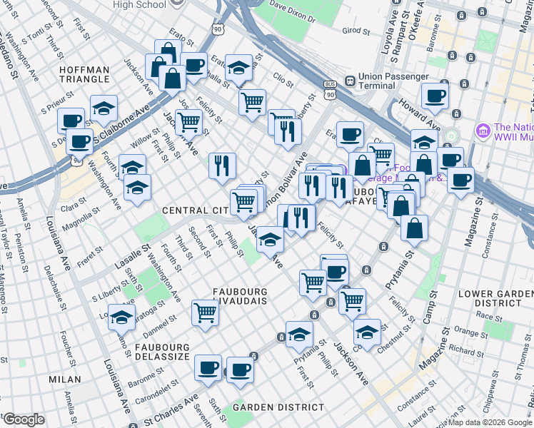 map of restaurants, bars, coffee shops, grocery stores, and more near 2035 Simon Bolivar Avenue in New Orleans