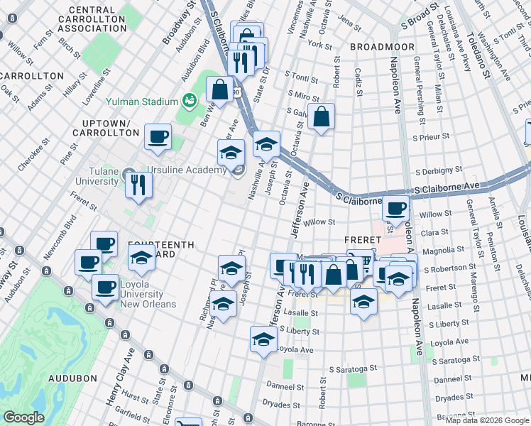 map of restaurants, bars, coffee shops, grocery stores, and more near 5718 Cucullu Street in New Orleans